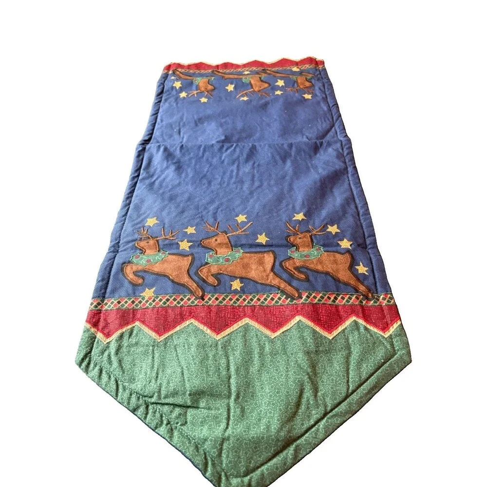 Vintage Quilted Christmas Table Runner Reindeer Applique Blue Green Country 90s